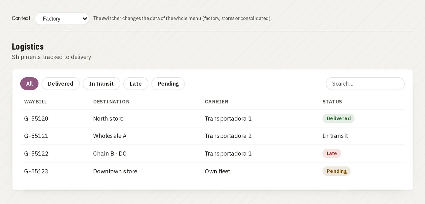 Carrier logistics with shipment tracking · Juan Choconat demo (fictional brand and data)