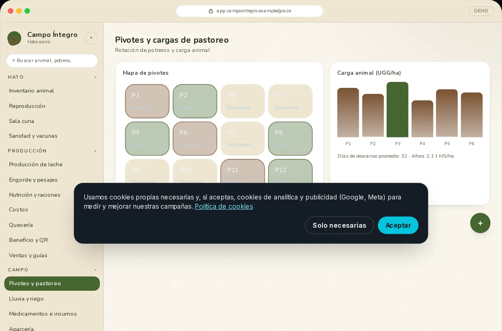 Pantalla de la demo Campo Íntegro (Plataforma ganadera completa · Hato ovino), marca y datos ficticios
