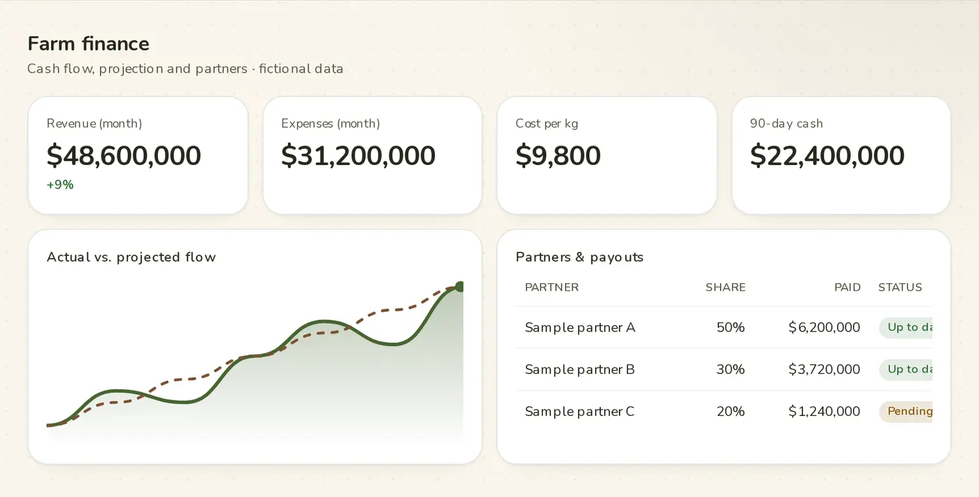 Finance: cash flow, projection and partners · Campo Íntegro demo (fictional brand and data)