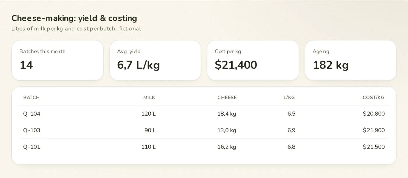 Cheese-making: L/kg yield and costing · Campo Íntegro demo (fictional brand and data)