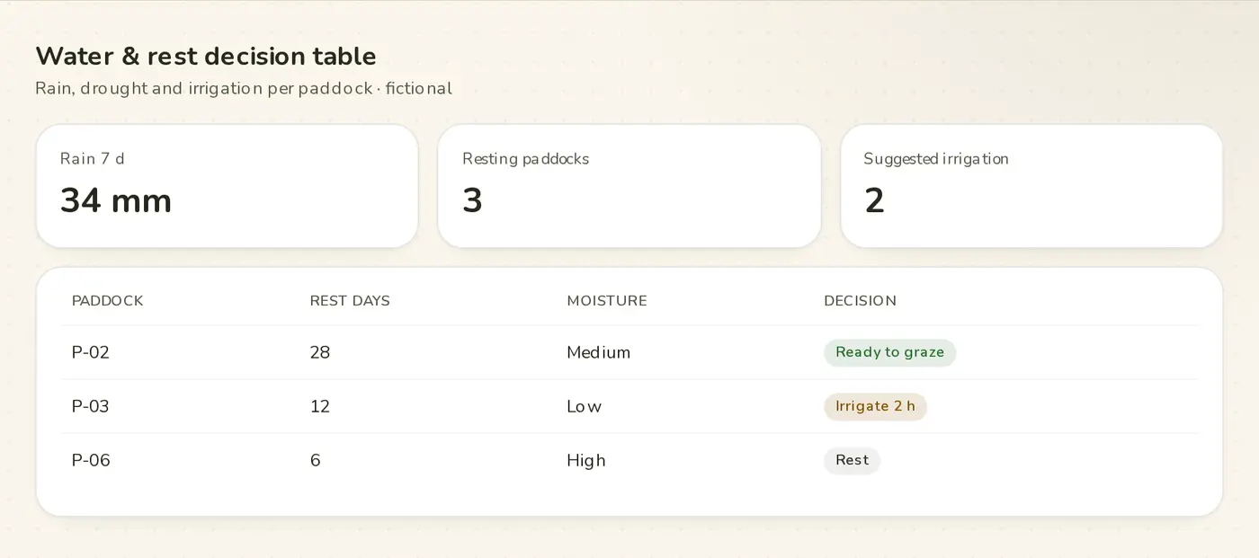 Water and rest decision table per paddock · Campo Íntegro demo (fictional brand and data)