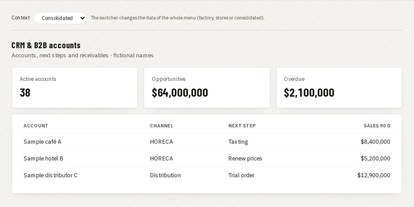 CRM and B2B accounts with next steps · Juan Choconat demo (fictional brand and data)