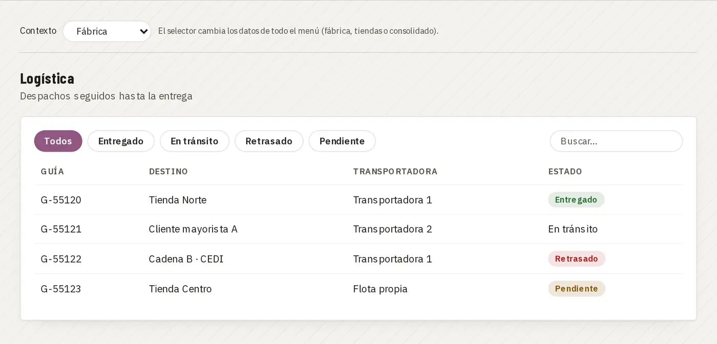 Logística con transportadoras y seguimiento de guías · demo Juan Choconat (marca y datos ficticios)