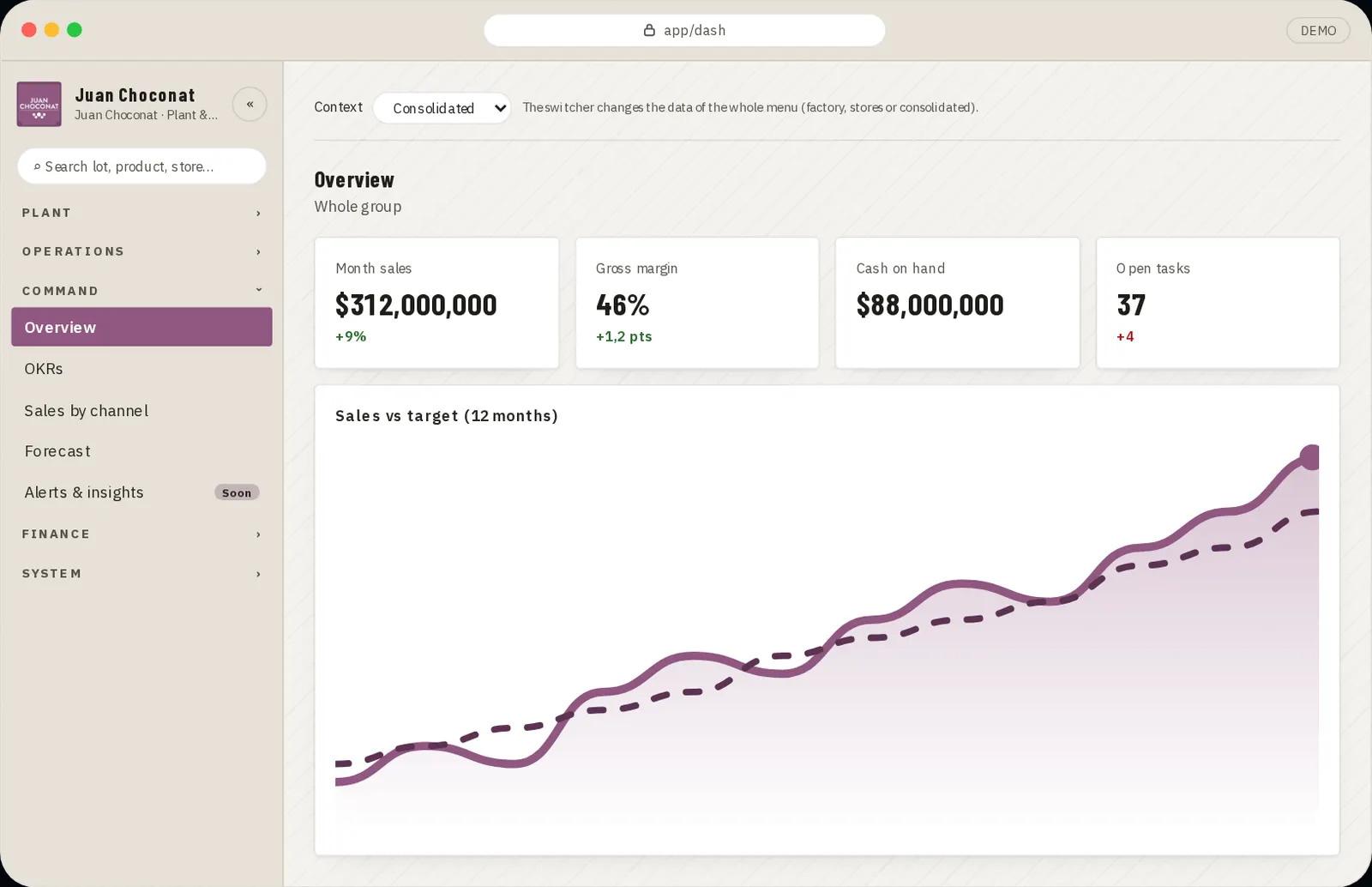 Screen of the Juan Choconat demo (Strategic management), fictional brand and data